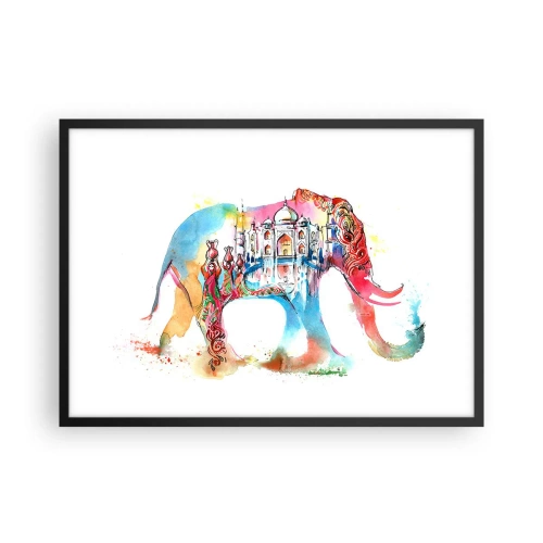 Affiche dans un cadre noir - Poster - Aquarelle colorée d'un éléphant avec un motif du Taj Mahal - 70x50cm - Inde - l'aura de l'amour - Décoration murale moderne pour le salon et la chambre ARTTOR