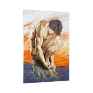 Impression sur verre - Image sur verre - Un corps humain nu contre un ciel orange intense. - 50x70cm - Plongé dans ses pensées - Décoration murale moderne pour le salon et la chambre ARTTOR