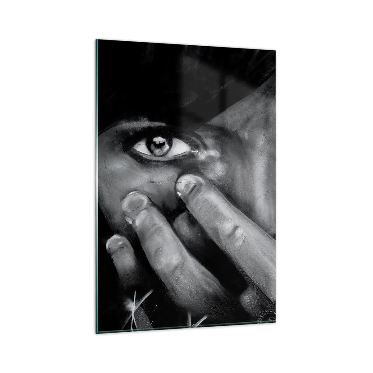 Impression sur verre - Image sur verre - Portrait en noir et blanc d'une femme se couvrant le visage avec ses mains. - 80x120cm - Je ne dirai pas qui a peint - Décoration murale moderne pour le salon et la chambre ARTTOR