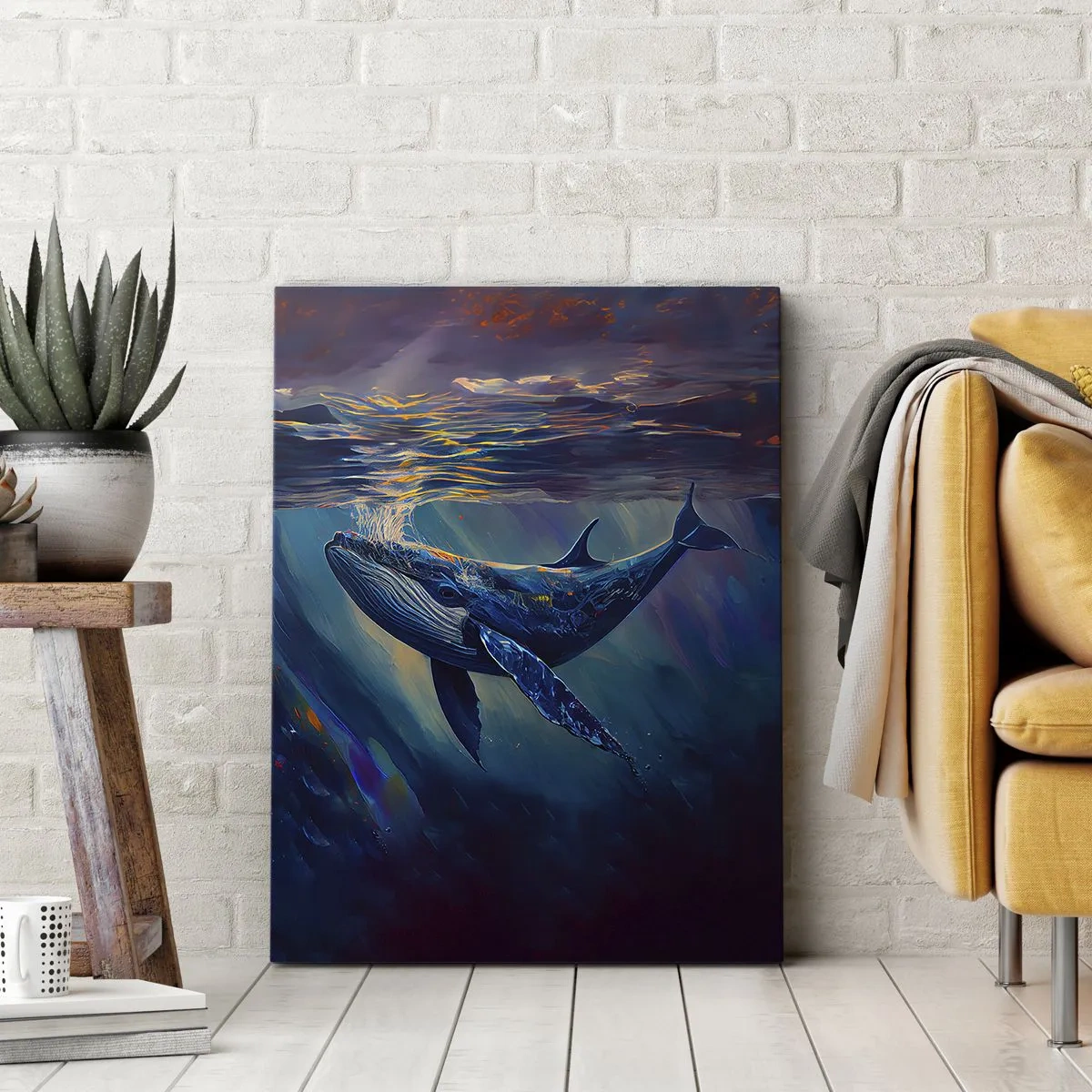 Impression sur toile - Image sur toile - Une baleine dans les profondeurs de l'océan aux couleurs lumineuses - 50x70cm - Bienvenue dans mon monde - Décoration murale moderne pour le salon et la chambre ARTTOR