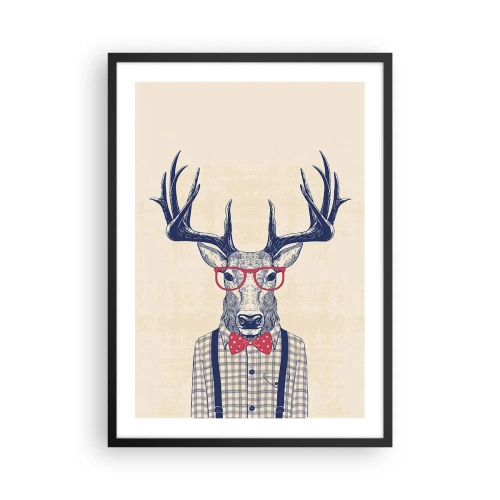 Affiche dans un cadre noir - Poster - Cerf élégant avec des lunettes et un nœud papillon sur fond beige - 50x70cm - Une extravagance amusante - Décoration murale moderne pour le salon et la chambre ARTTOR
