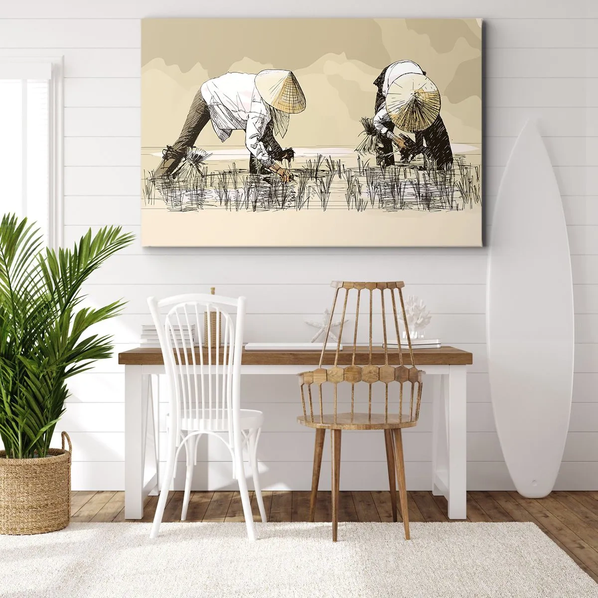 Impression sur toile - Image sur toile - Des agriculteurs travaillant dans une rizière portant des coiffures traditionnelles - 100x70cm - Récolte réussie - Décoration murale moderne pour le salon et la chambre ARTTOR