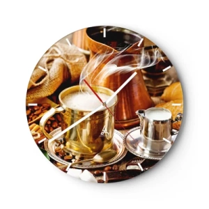 Horloge murale - Pendule murale - Une tasse de café fumant dans un cadre doré avec accessoires - 30x30cm - Bonne journée! - Décoration murale moderne pour le salon, la cuisine et la chambre ARTTOR
