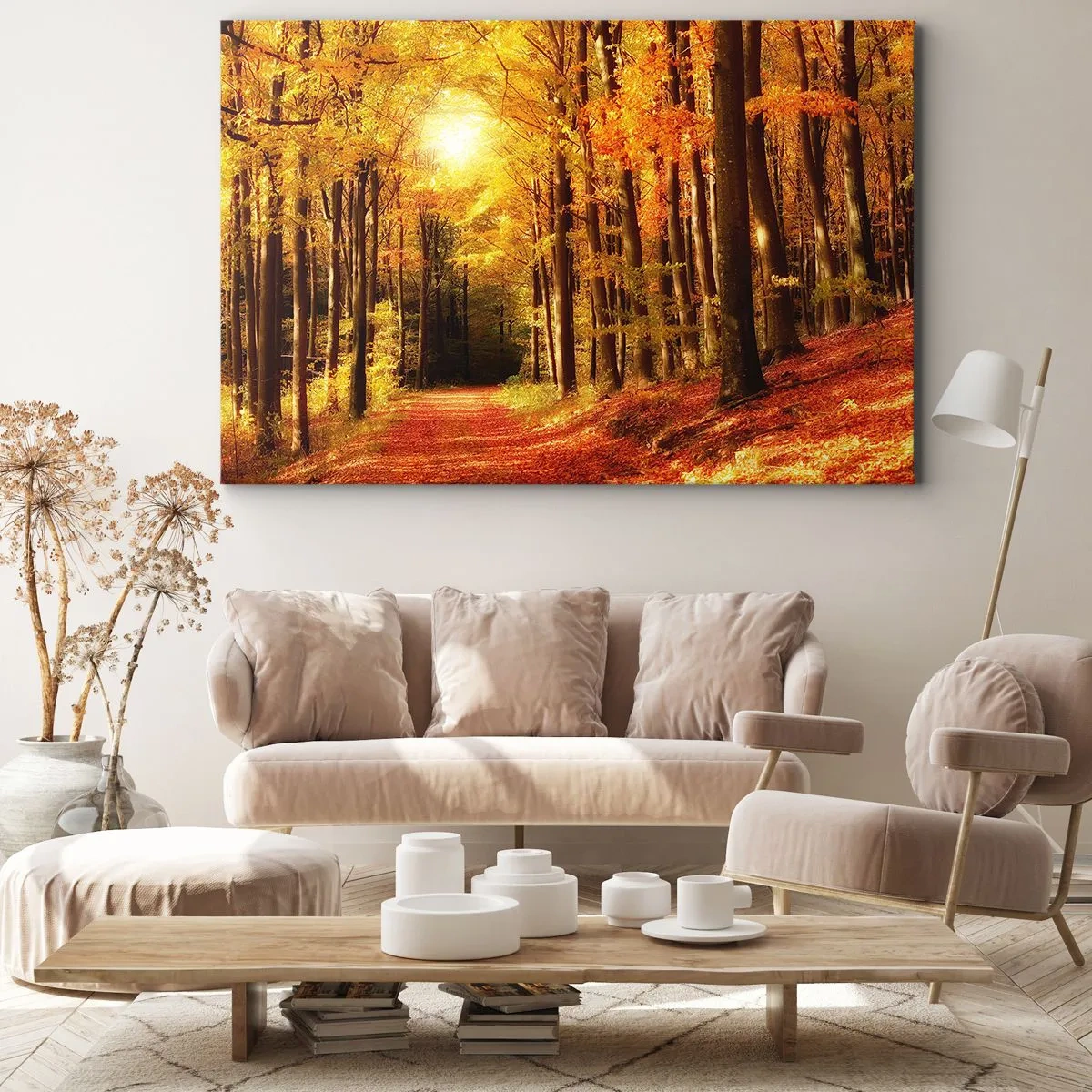 Impression sur toile - Image sur toile - Forêt d'automne avec les rayons du soleil qui brillent à travers les arbres - 120x80cm - Automne doré sur une route forestière - Décoration murale moderne pour le salon et la chambre ARTTOR
