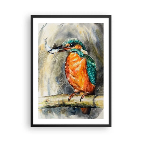 Affiche dans un cadre noir - Poster - Un lion d'eau tenant un poisson dans un paysage naturel dans un style aquarelle. - 50x70cm - Loi de la nature - Décoration murale moderne pour le salon et la chambre ARTTOR