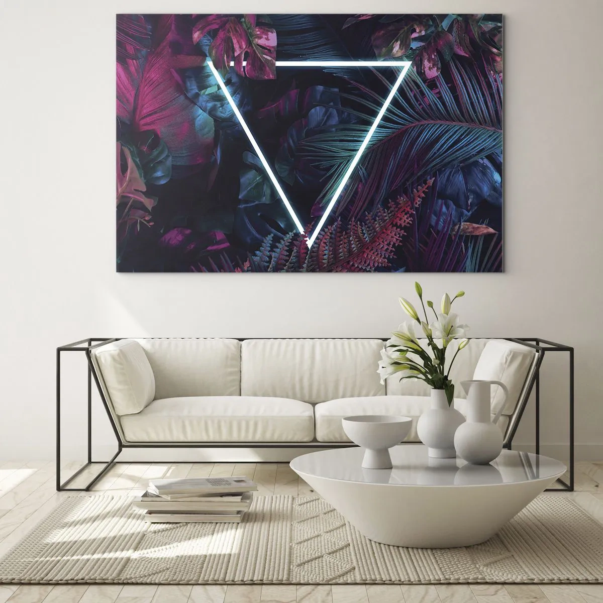 Impression sur verre - Image sur verre - Un triangle néon entouré de plantes tropicales dans des tons de rose et de bleu. - 100x70cm - Jardin de style disco - Décoration murale moderne pour le salon et la chambre ARTTOR