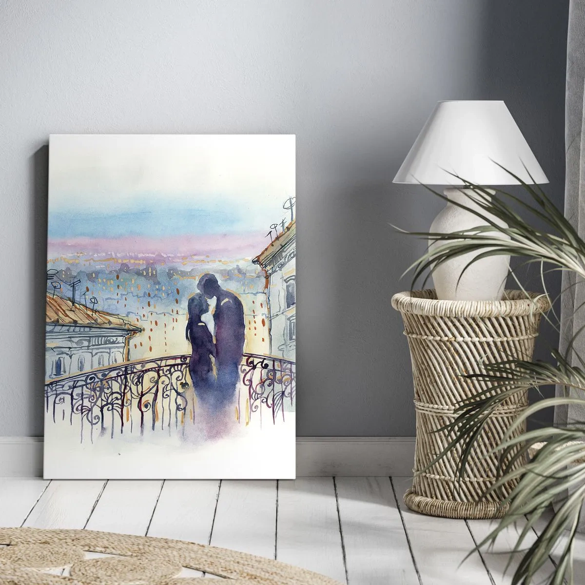 Impression sur toile - Image sur toile - Couple romantique sur un balcon avec vue sur la ville - 70x100cm - Amoureux de Paris - Décoration murale moderne pour le salon et la chambre ARTTOR