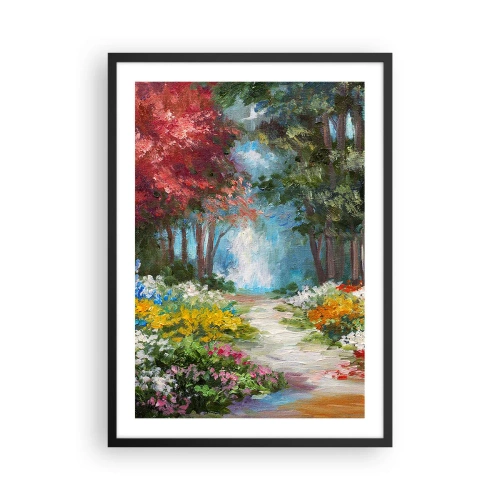 Affiche dans un cadre noir - Poster - Un jardin forestier coloré plein de fleurs et d'arbres - 50x70cm - Jardin forestier, forêt de fleurs - Décoration murale moderne pour le salon et la chambre ARTTOR