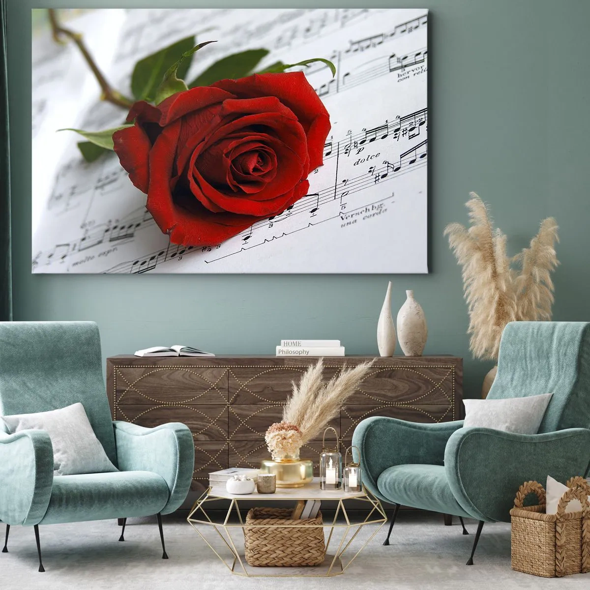 Impression sur toile - Image sur toile - Une rose rouge sur fond de notes de musique sur papier blanc. - 100x70cm - Musique des sentiments en écarlate - Décoration murale moderne pour le salon et la chambre ARTTOR