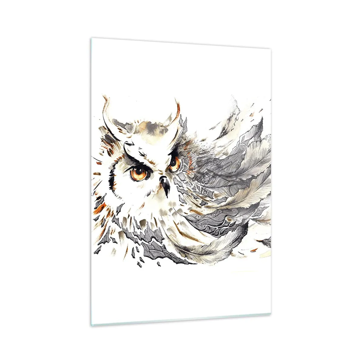 Impression sur verre - Image sur verre - Un hibou aux plumes artistiques dans les tons orange et gris. - 50x70cm - Elle vient du monde de la magie - Décoration murale moderne pour le salon et la chambre ARTTOR
