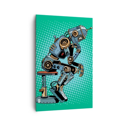 Impression sur toile - Image sur toile - Robot penseur de style pop art sur fond vert - 80x120cm - Au-dessus de l'essence de l'être - Décoration murale moderne pour le salon et la chambre ARTTOR