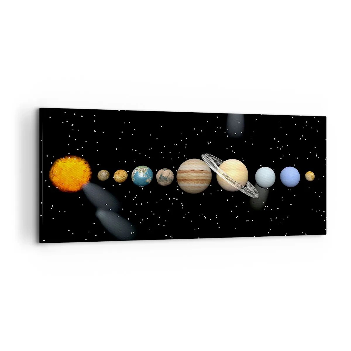 Impression sur toile - Image sur toile - Le système solaire avec des planètes sur fond d'étoiles dans l'espace - 120x50cm - Et les planètes sont folles, sont folles... - Décoration murale moderne pour le salon et la chambre ARTTOR