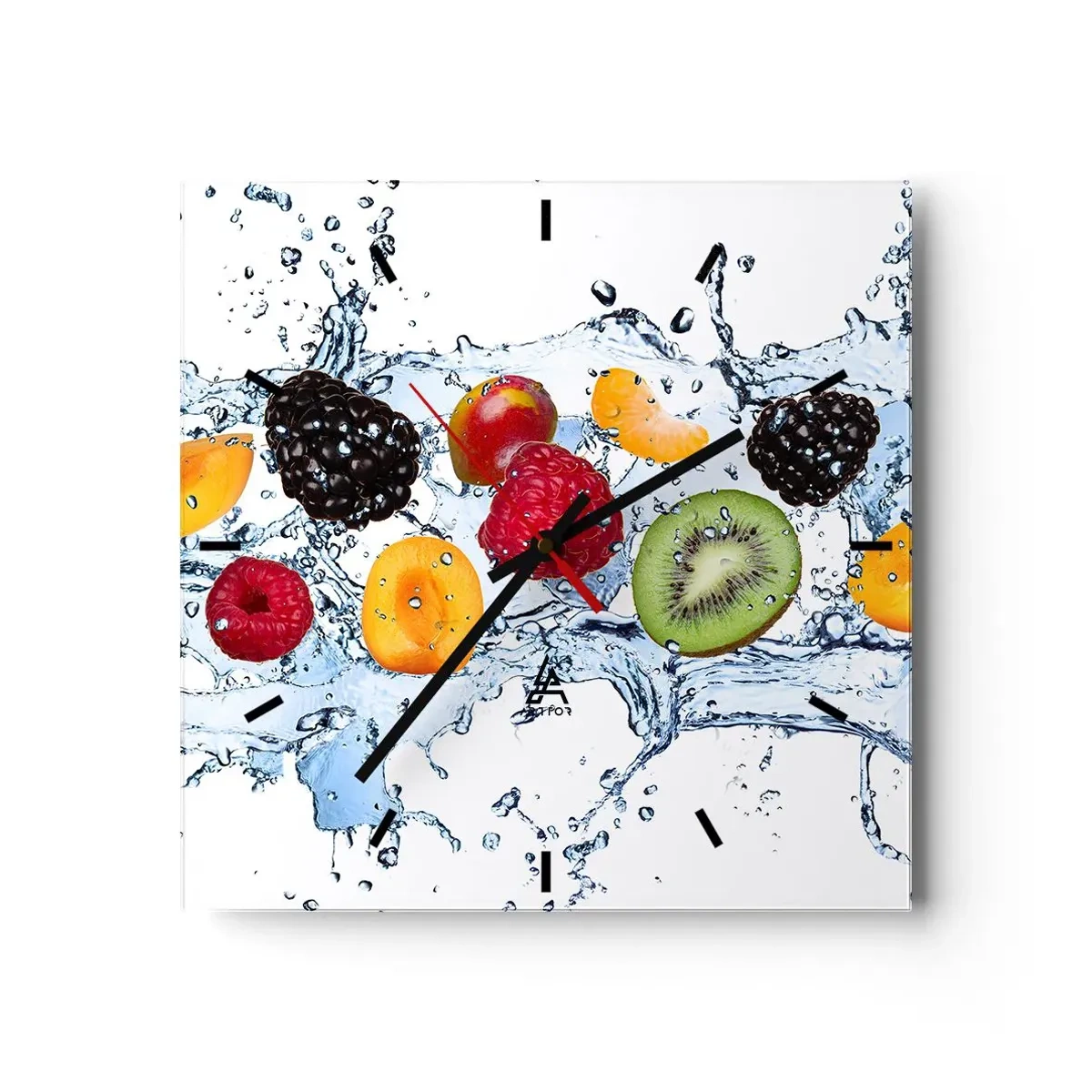 Horloge murale - Pendule murale - Fruits colorés immergés dans des éclaboussures d'eau sur un fond blanc - 30x30cm - Amusez-vous avec nous - Décoration murale moderne pour le salon et la chambre ARTTOR