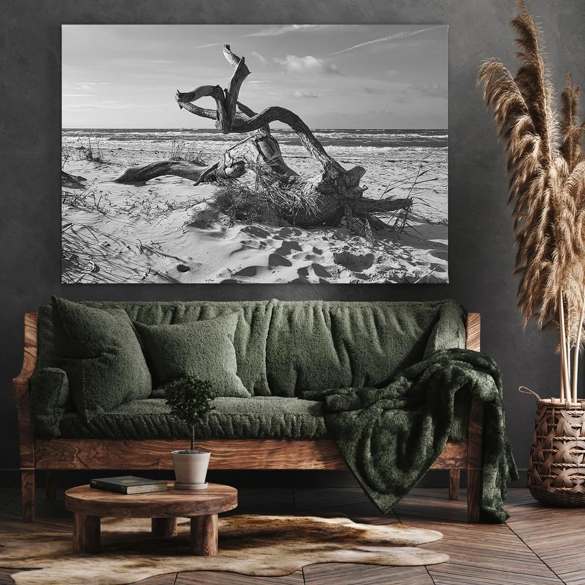 Impression sur toile - Image sur toile - Paysage noir et blanc avec un arbre mort sur la plage - 70x50cm - Sculpture marine - Décoration murale moderne pour le salon et la chambre ARTTOR