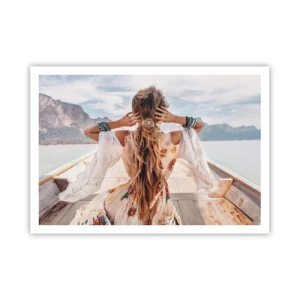 Affiche - Poster - Femme sur un bateau surplombant les montagnes et l'eau, style bohème - 100x70cm - En route vers le bonheur - Décoration murale moderne pour le salon et la chambre ARTTOR