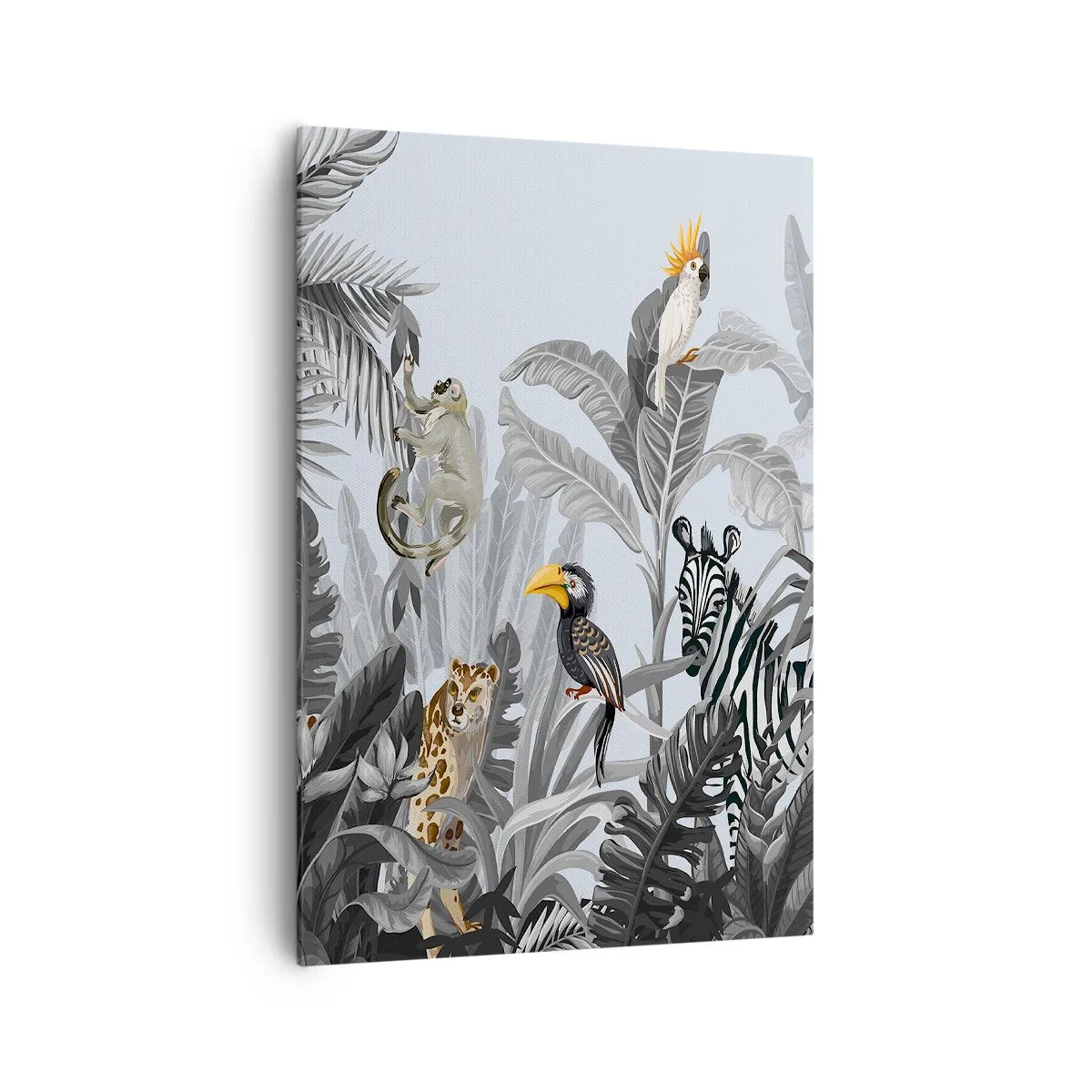 Impression sur toile - Image sur toile - Jungle tropicale avec des animaux exotiques sur fond gris - 70x100cm - Conte de fées africain - Décoration murale moderne pour le salon et la chambre ARTTOR
