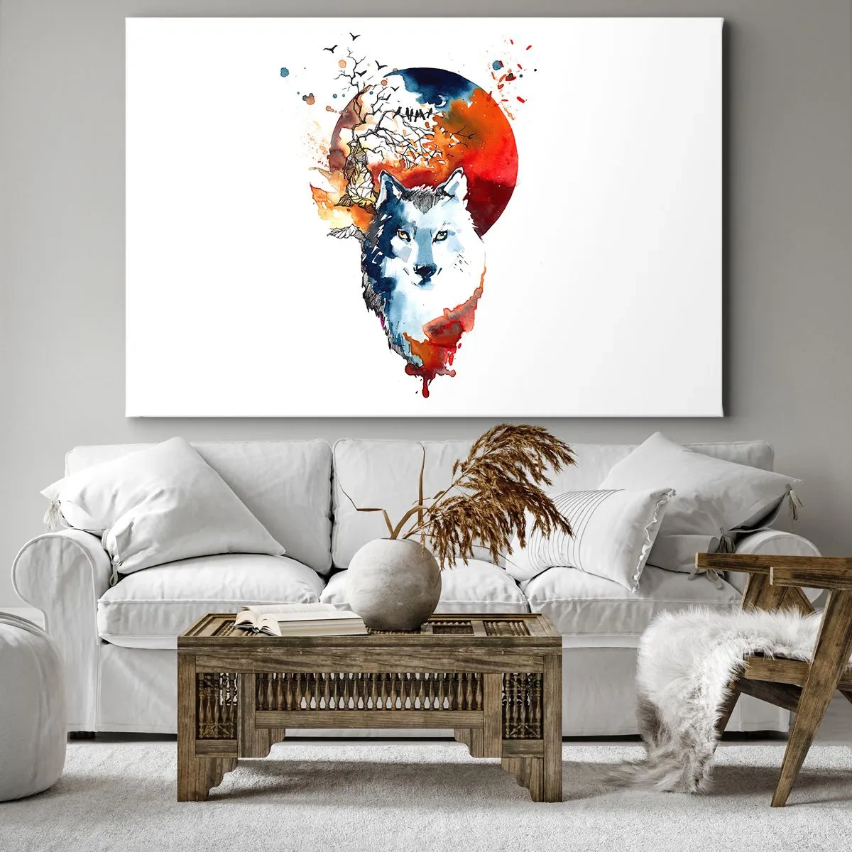 Impression sur toile - Image sur toile - Aquarelle abstraite d'un loup sur fond de lune rouge - 100x70cm - Nez à nez avec la nuit - Décoration murale moderne pour le salon et la chambre ARTTOR