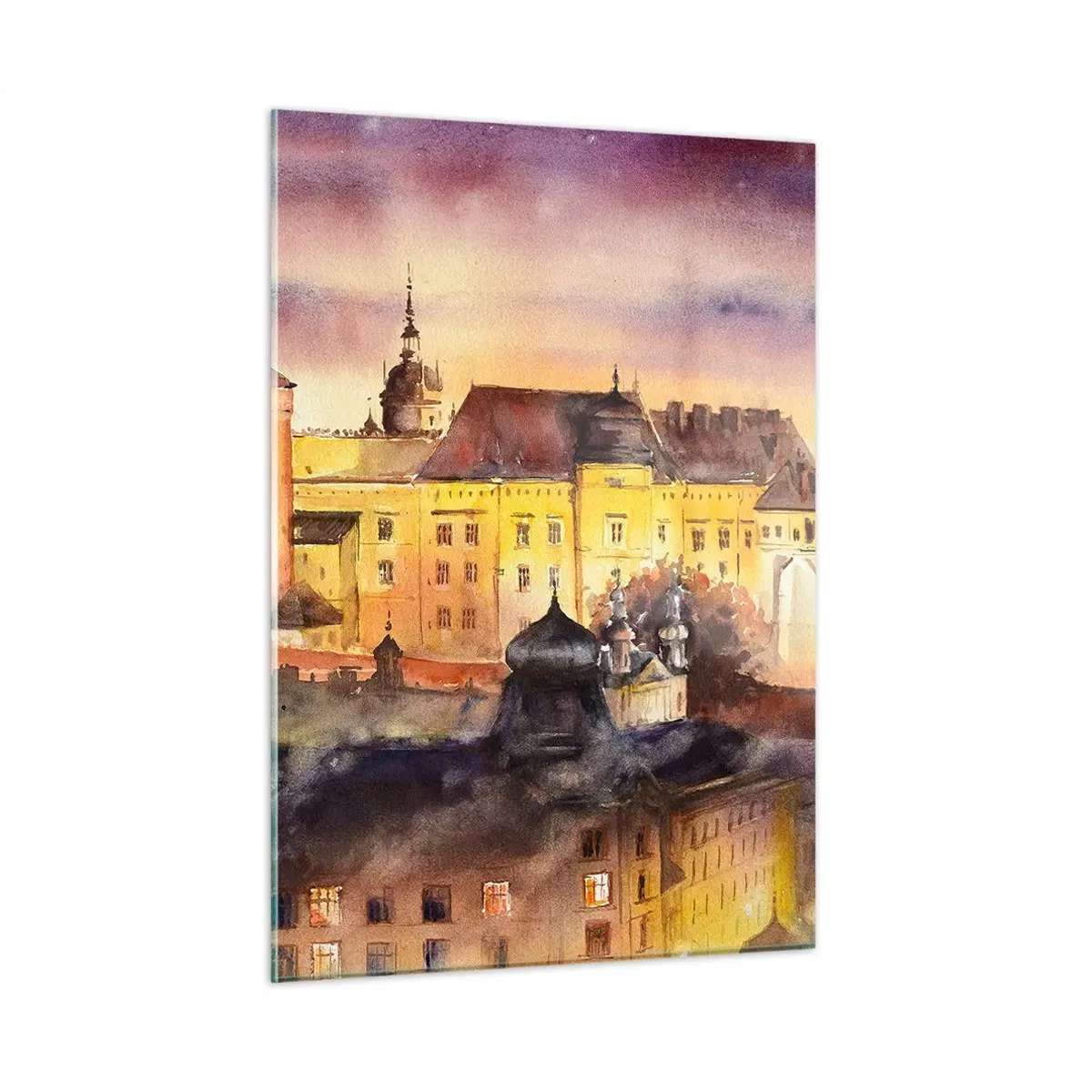 Impression sur verre - Image sur verre - Illustration à l'aquarelle d'un château sur une colline au coucher du soleil - 50x70cm - Histoire et conte de fées - Décoration murale moderne pour le salon et la chambre ARTTOR