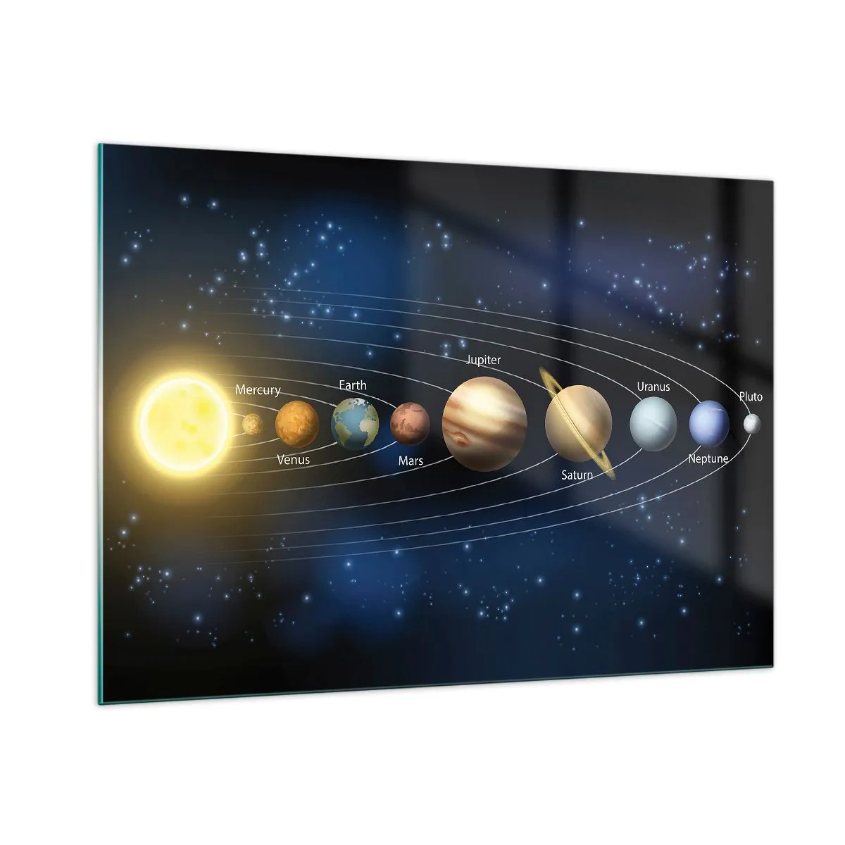 Impression sur verre - Image sur verre - Le système solaire avec des planètes et des étoiles en arrière-plan - 100x70cm - L'une des dix - Décoration murale moderne pour le salon et la chambre ARTTOR
