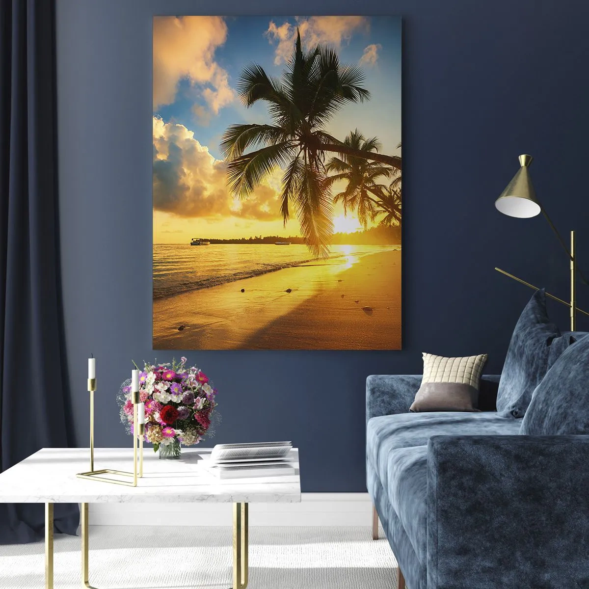 Impression sur verre - Image sur verre - Plage tropicale avec palmiers au coucher du soleil - 50x70cm - Rêve caribéen - Décoration murale moderne pour le salon et la chambre ARTTOR