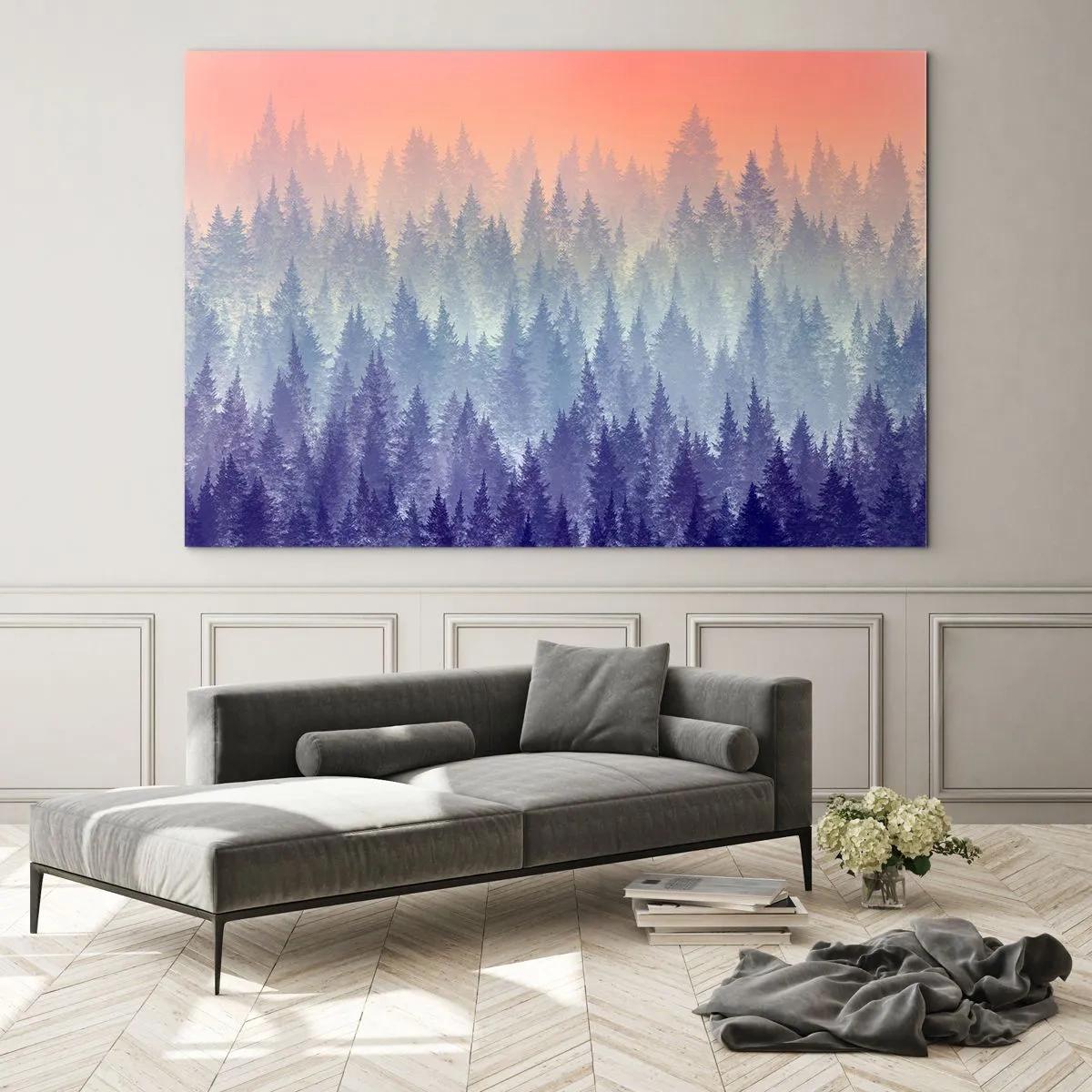 Impression sur verre - Image sur verre - Forêt de conifères mystérieuse aux tons pastel du matin - 120x80cm - Haut, plus haut, vers le ciel - Décoration murale moderne pour le salon et la chambre ARTTOR