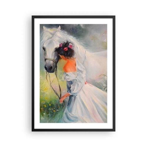 Affiche dans un cadre noir - Poster - Une femme avec un cheval blanc dans un style pictural - 50x70cm - Comme dans un beau rêve - Décoration murale moderne pour le salon et la chambre ARTTOR