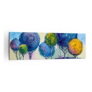 Impression sur toile - Image sur toile - Arbres colorés en forme de boule sur fond de paysage - 160x50cm - Sphère - la forme idéale - Décoration murale moderne pour le salon et la chambre ARTTOR