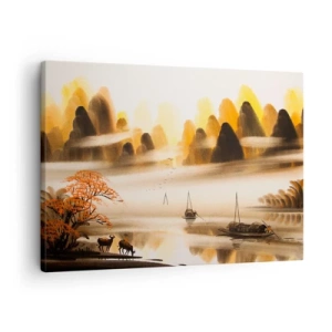 Impression sur toile - Image sur toile - Un paysage oriental avec une rivière, des montagnes et un doux brouillard. - 70x50cm - Plus loin que l'Extrême-Orient - Décoration murale moderne pour le salon et la chambre ARTTOR