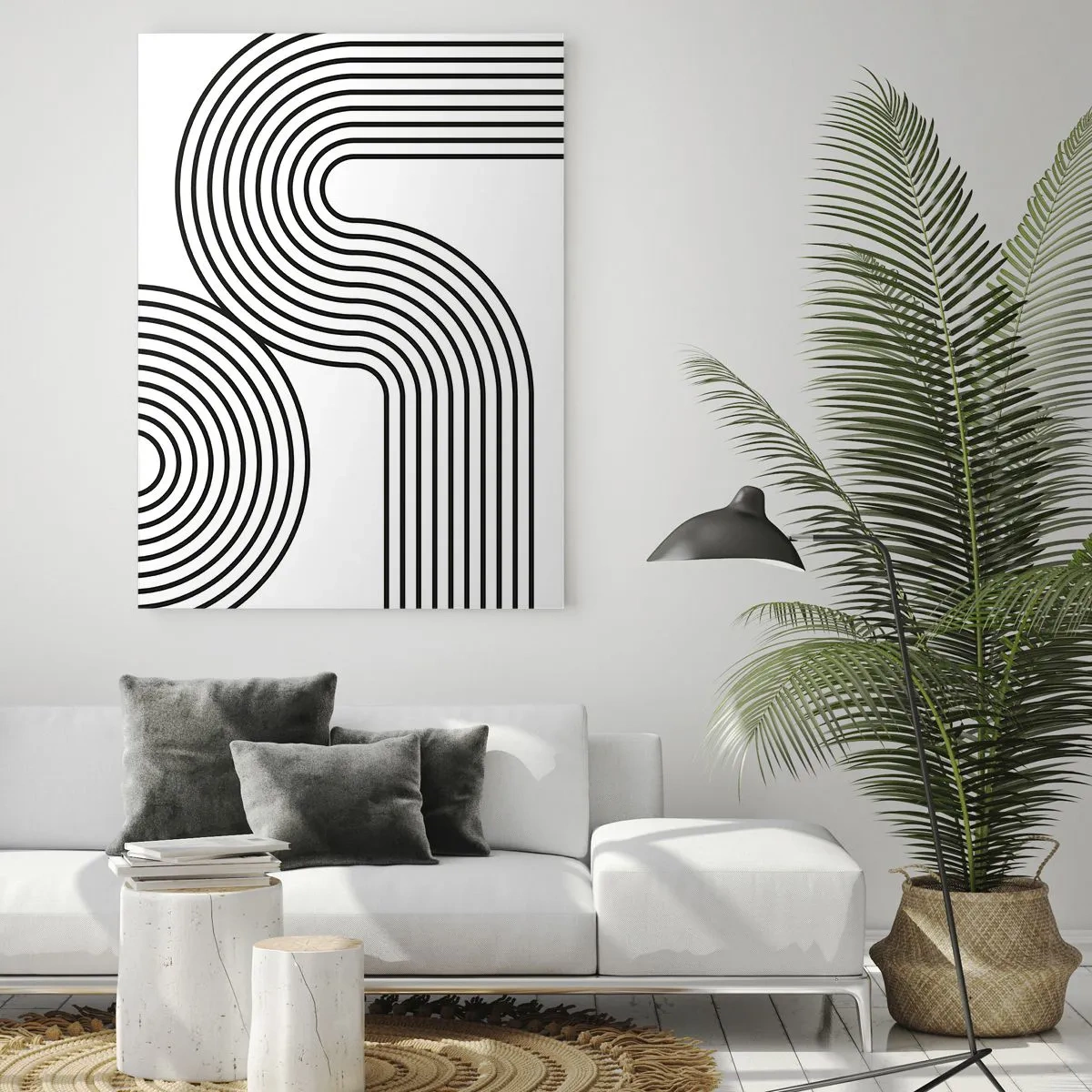 Impression sur verre - Image sur verre - Graphiques en noir et blanc avec des lignes parallèles courbes - 50x70cm - En plein virage - Décoration murale moderne pour le salon et la chambre ARTTOR