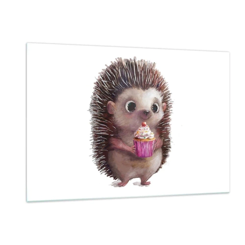 Impression sur verre - Image sur verre - Un hérisson mignon avec un cupcake sur fond blanc - 120x80cm - La fête c'est tous les jours - Décoration murale moderne pour le salon et la chambre ARTTOR