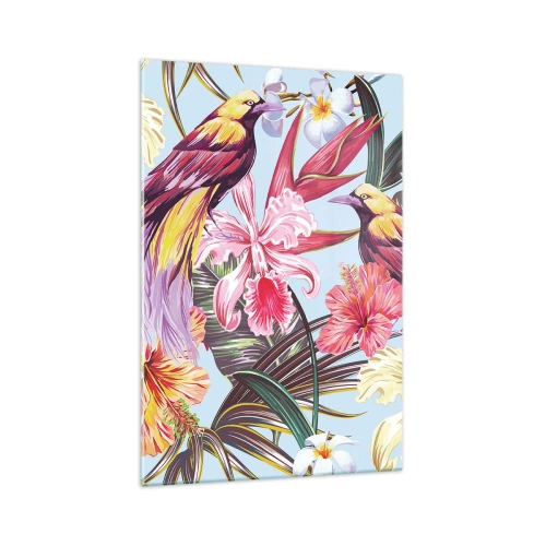 Impression sur verre - Image sur verre - Oiseaux exotiques parmi les fleurs tropicales - 70x100cm - Pétales et plumes - Décoration murale moderne pour le salon et la chambre ARTTOR