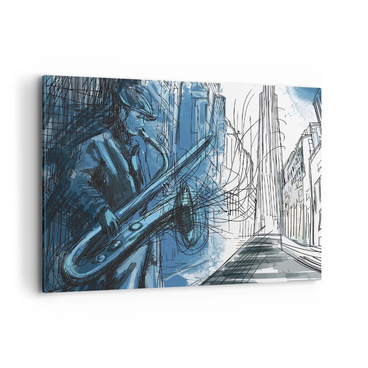 Impression sur toile - Image sur toile - Une silhouette jouant du saxophone sur fond de ville - 100x70cm - Rhapsodie urbaine - Décoration murale moderne pour le salon et la chambre ARTTOR