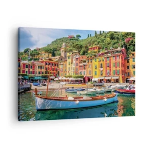Impression sur toile - Image sur toile - Maisons de ville colorées et bateaux dans une ville balnéaire italienne - 70x50cm - Matinée italienne - Décoration murale moderne pour le salon et la chambre ARTTOR