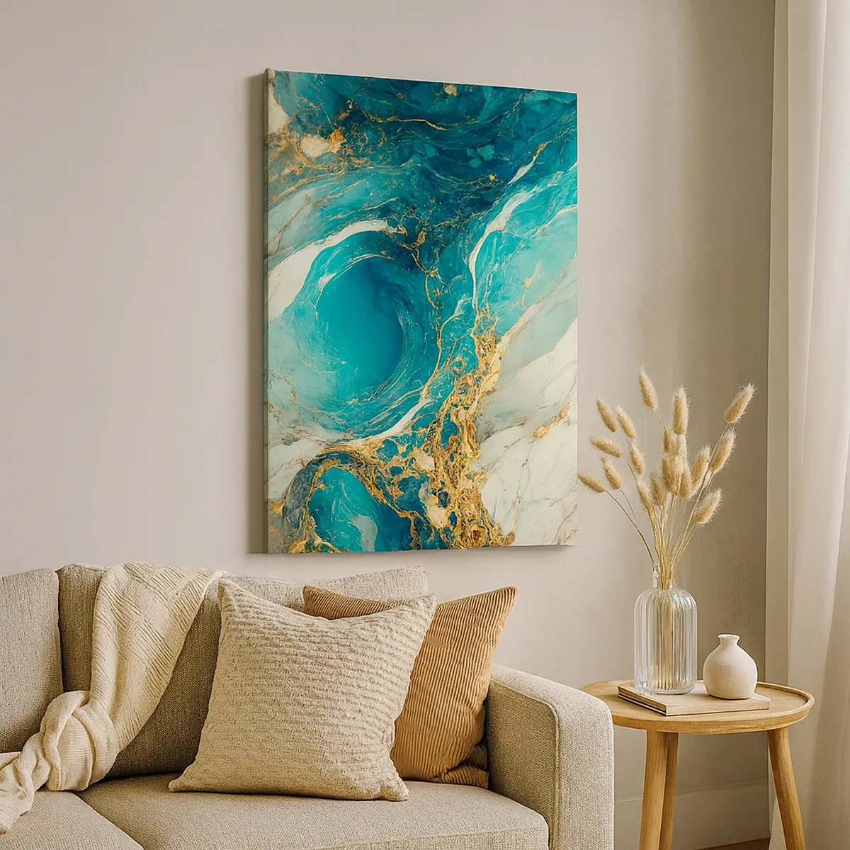 Impression sur toile - Image sur toile - Une composition abstraite dans des tons turquoise et or. - 50x70cm - Composition en veines d'or - Décoration murale moderne pour le salon et la chambre ARTTOR