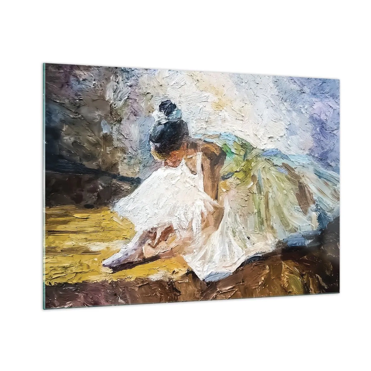 Impression sur verre - Image sur verre - Une ballerine penchée en avant dans une robe blanche peinte avec une texture à l'huile - 100x70cm - D'après un tableau de Degas - Décoration murale moderne pour le salon et la chambre ARTTOR
