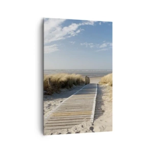 Impression sur toile - Image sur toile - Un chemin en bois mène à travers les dunes jusqu'à la mer calme - 80x120cm - Derrière la dune, dans le bruissement de l'herbe - Décoration murale moderne pour le salon et la chambre ARTTOR