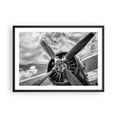 Affiche dans un cadre noir - Poster - Une photo en noir et blanc d'une hélice d'avion contre un ciel dynamique. - 70x50cm - Dompteur de ciel - Décoration murale moderne pour le salon et la chambre ARTTOR