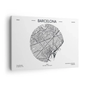 Impression sur toile - Image sur toile - Une carte de Barcelone dans un style minimaliste en noir et blanc - 70x50cm - Anatomie de Barcelone - Décoration murale moderne pour le salon et la chambre ARTTOR