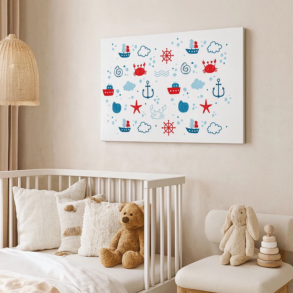 Impression sur toile - Image sur toile - Motif nautique avec ancres, navires et crabes - 70x50cm - Conte de fées de la mer - Décoration murale moderne pour le salon et la chambre ARTTOR