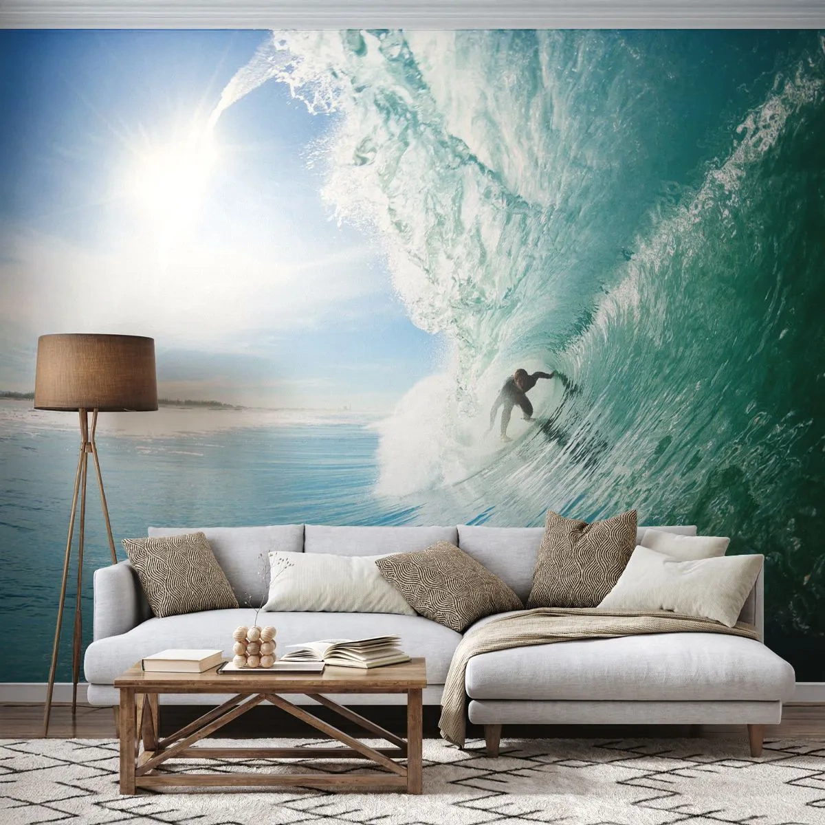 Papier Peint Photo Premium Sand - Surfeur dans un tunnel de vagues contre un ciel bleu - 100x70cm - Toujours sur la vague - Décoration murale moderne pour le salon et la chambre ARTTOR