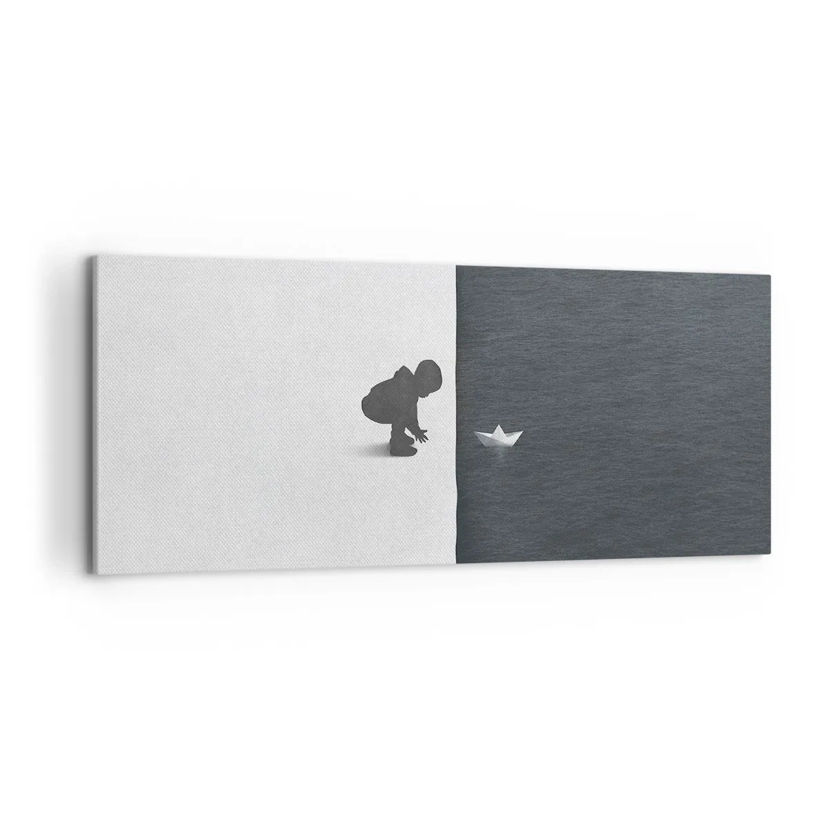 Impression sur toile - Image sur toile - Une figure d'enfant avec un bateau en papier sur un fond de moitiés contrastées - 120x50cm - Grande expédition - Décoration murale moderne pour le salon et la chambre ARTTOR