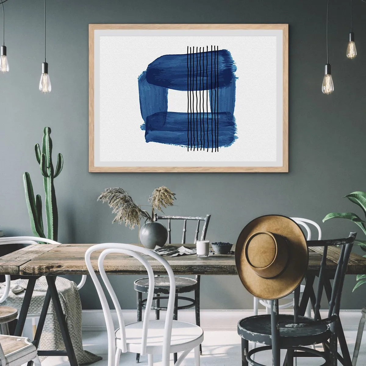 Affiche dans un chêne clair - Poster - Composition noire-bleue - 50x40 cm