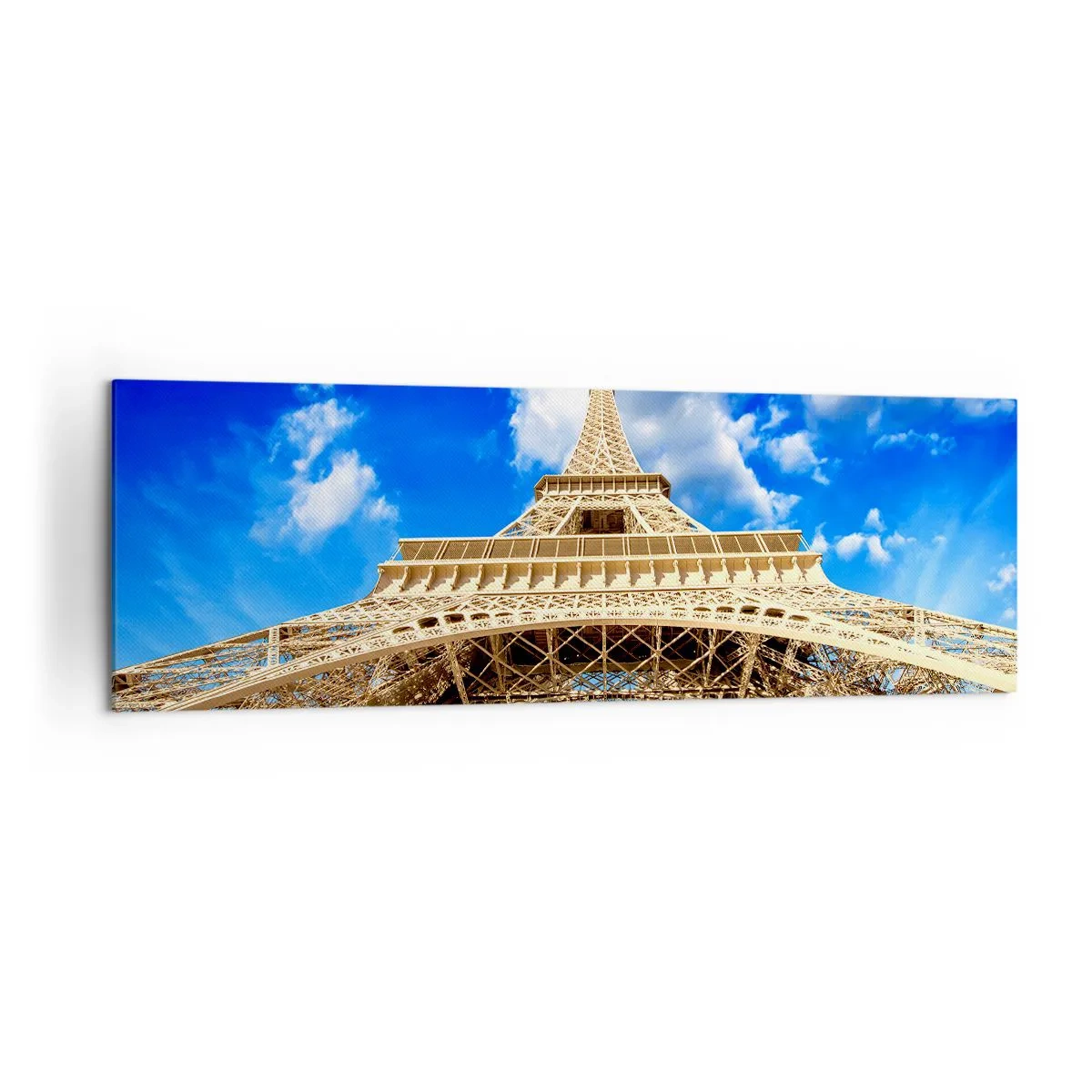 Impression sur toile - Image sur toile - La Tour Eiffel vue d'en bas contre un ciel bleu - 160x50cm - Atteindre le ciel et les nuages - Décoration murale moderne pour le salon et la chambre ARTTOR