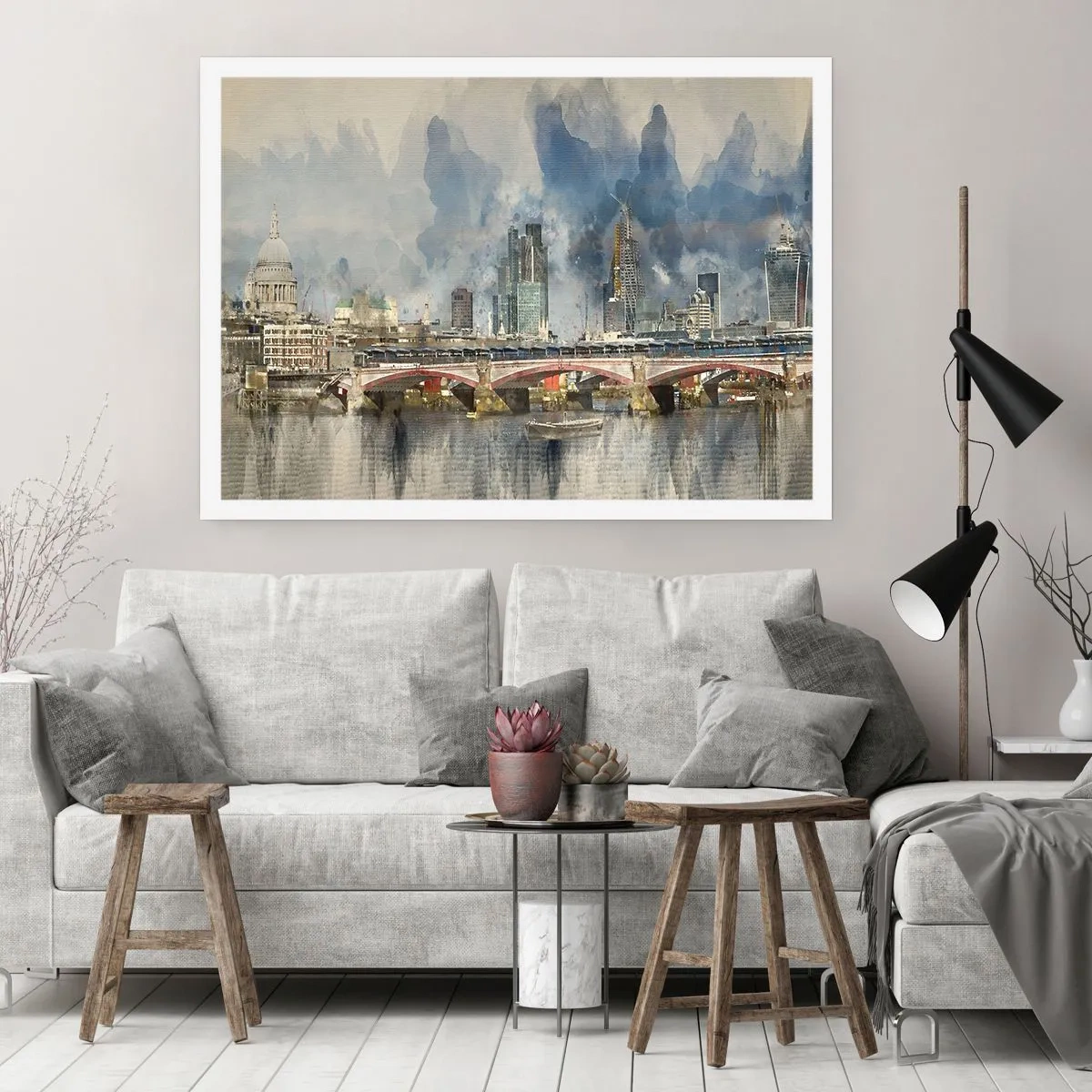 Affiche - Poster - Vue à l'aquarelle du pont et des toits de la ville - 100x70cm - Londres dans toute sa splendeur - Décoration murale moderne pour le salon et la chambre ARTTOR