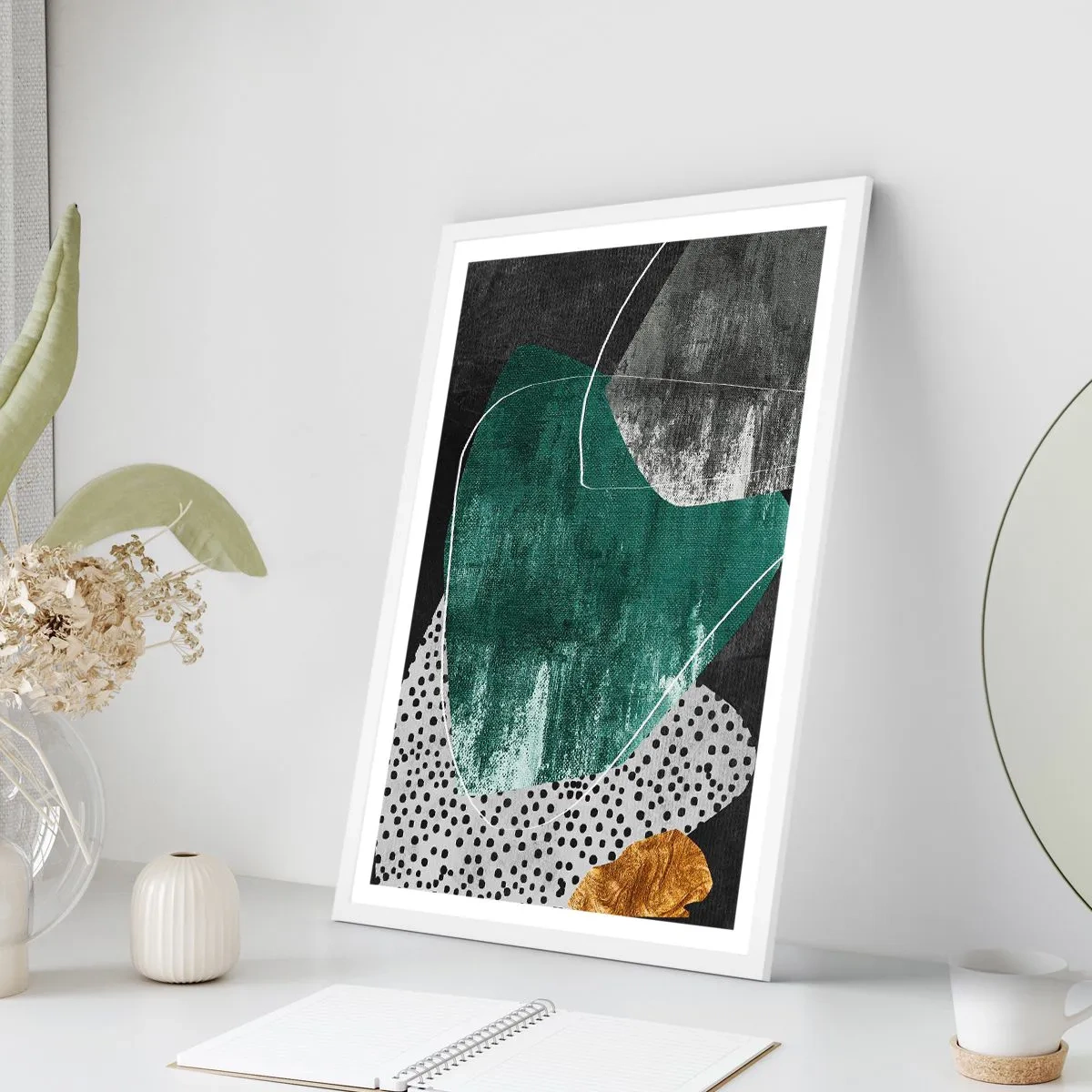 Affiche dans un cadre blanc - Poster - Abstraction colorée avec feuille d'or - 61x91 cm