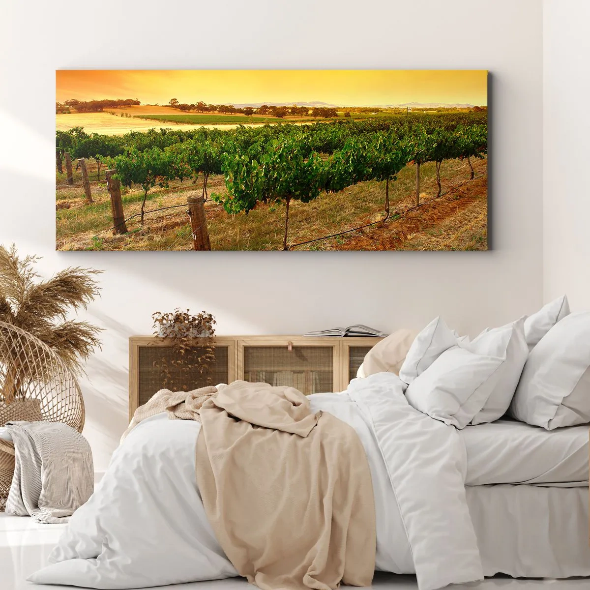 Impression sur toile - Image sur toile - Vignes dans une plantation au coucher du soleil doré - 160x50cm - S'abreuver du soleil - Décoration murale moderne pour le salon et la chambre ARTTOR