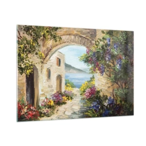 Impression sur verre - Image sur verre - Une rue pittoresque avec vue sur le lac - 100x70cm - Le charme d'une province côtière - Décoration murale moderne pour le salon et la chambre ARTTOR