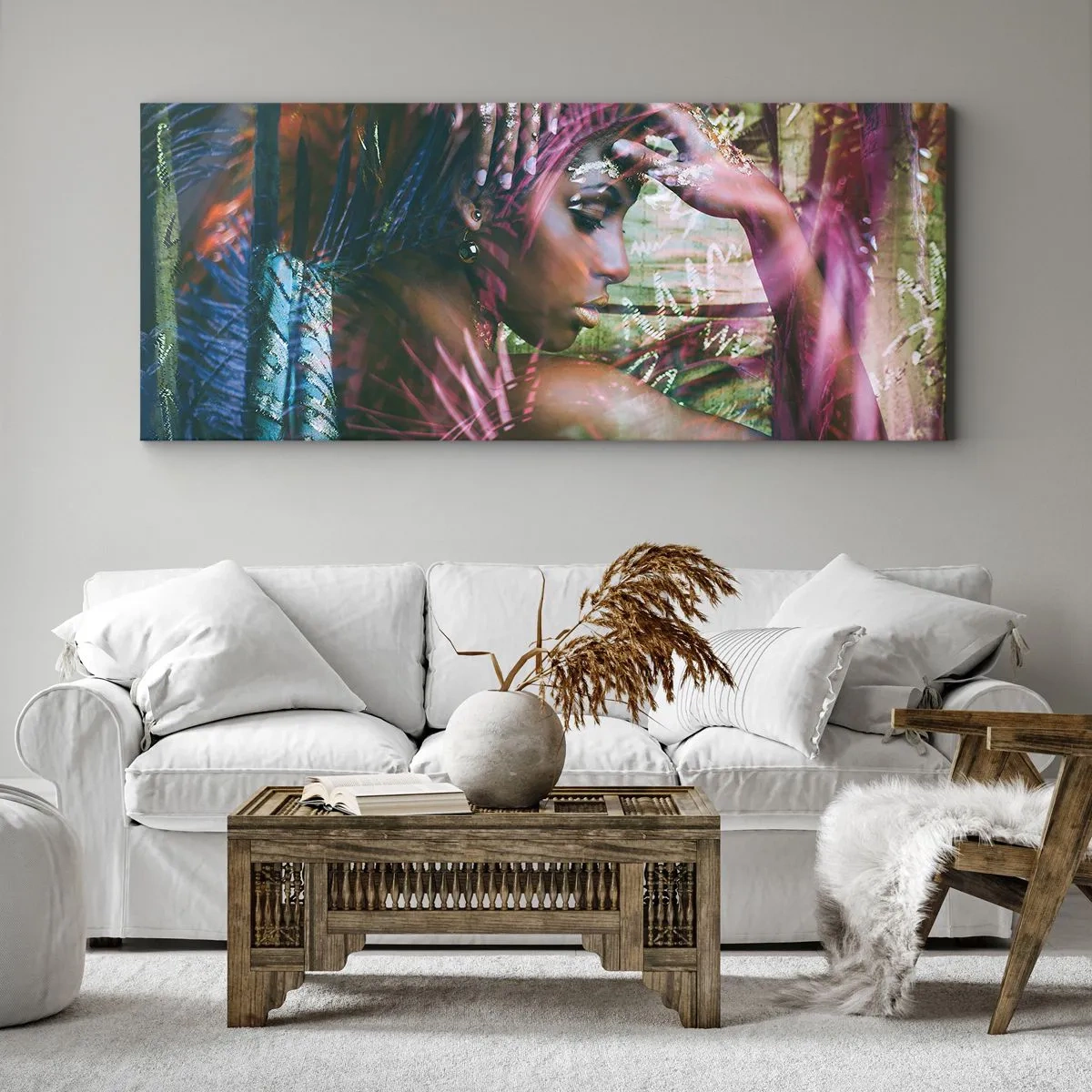Impression sur toile - Image sur toile - Portrait d'une femme entourée d'une végétation exotique - 140x50cm - Dame Nature dans la jungle - Décoration murale moderne pour le salon et la chambre ARTTOR