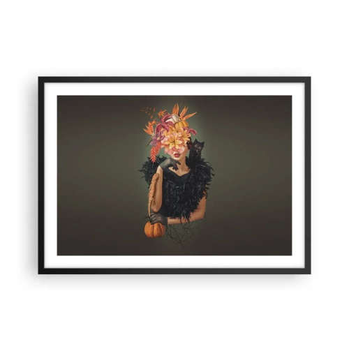 Affiche dans un cadre noir - Poster - Portrait d'une femme aux motifs d'automne et un chat - 70x50cm - Sort de sorcière - Décoration murale moderne pour le salon et la chambre ARTTOR