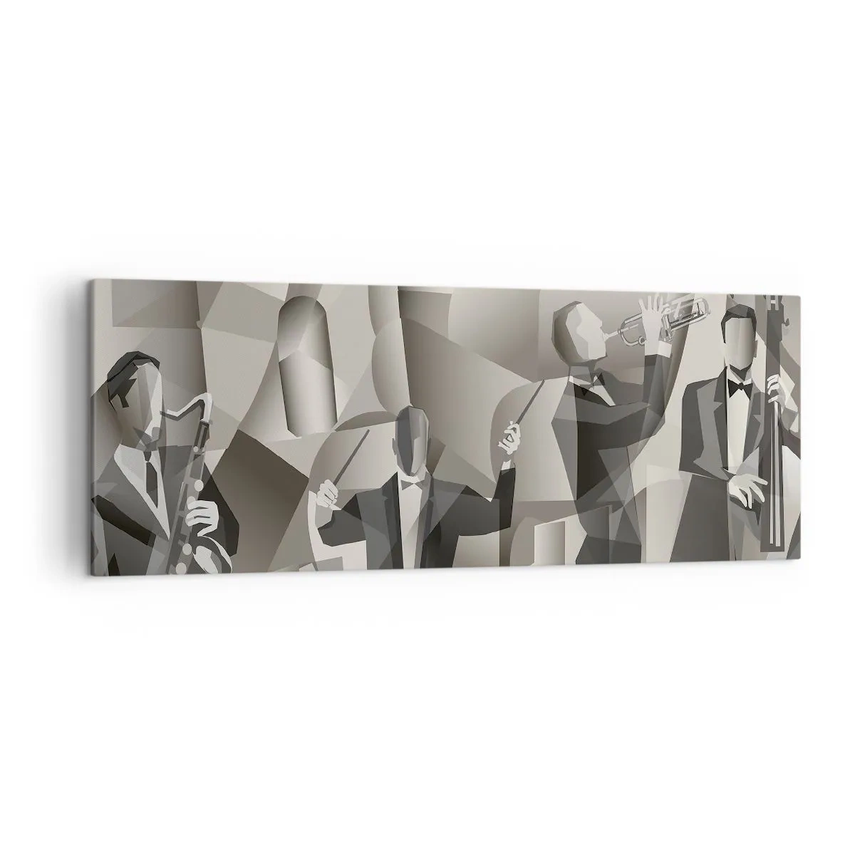 Impression sur toile - Image sur toile - Scène abstraite avec des musiciens de jazz dans des tons de gris. - 140x50cm - Dans l'espace des sons - Décoration murale moderne pour le salon et la chambre ARTTOR